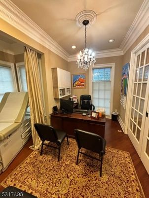 Chandelier, Home Office, Interior, Recessed Lighting, Wood Texture Flooring