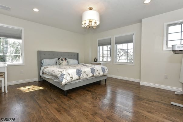 Bedroom, Chandelier, Interior, Recessed Lighting, Wood Texture Flooring