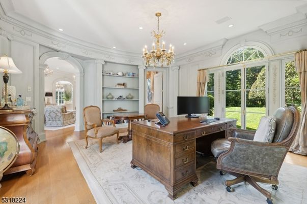 Chandelier, Home Office, Interior, Recessed Lighting, Wood Texture Flooring