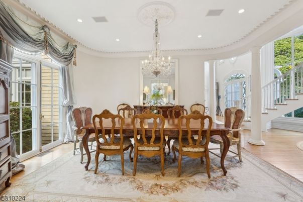 Chandelier, Dining room, Interior, Recessed Lighting, Wood Texture Flooring