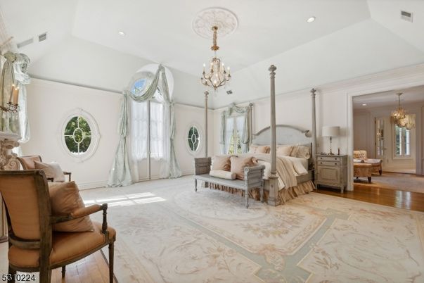 Bedroom, Chandelier, Interior, Recessed Lighting, Wood Texture Flooring