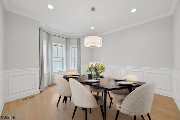 Dining room, Interior, Pendant Lights, Recessed Lighting, Wood Texture Flooring