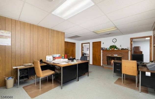 Fireplace, Home Office, Interior, Recessed Lighting, Wooden Walls