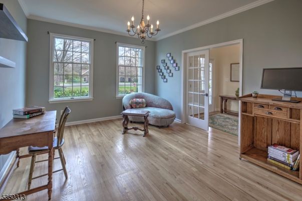 Chandelier, Home Office, Interior, Wood Texture Flooring