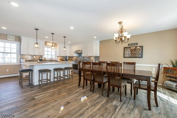 Chandelier, Dining room, Interior, Kitchen, Pendant Lights, Recessed Lighting, Wood Texture Flooring