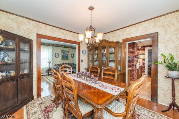 Chandelier, Dining room, Interior, Wood Texture Flooring
