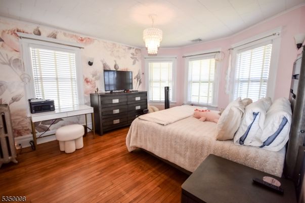 Bedroom, Chandelier, Interior, Wood Texture Flooring