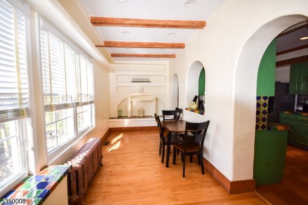 Dining room, Interior, Recessed Lighting, Wooden Beams, Wood Texture Flooring