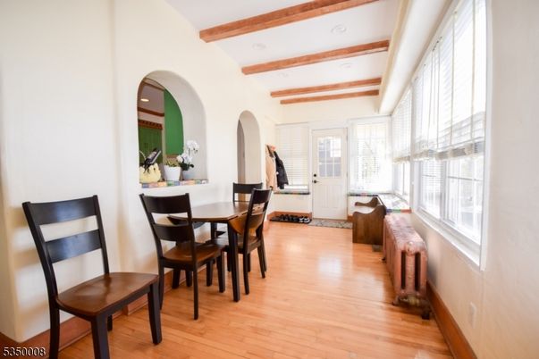 Dining room, Interior, Recessed Lighting, Wooden Beams, Wood Texture Flooring
