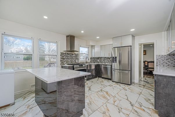 Interior, Kitchen, Marble, Recessed Lighting, Stainless Steel Appliances