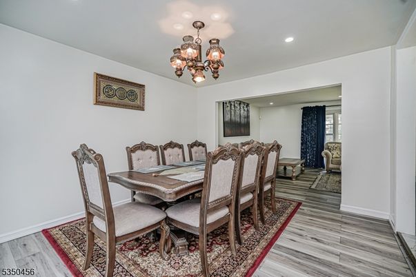 Chandelier, Dining room, Interior, Recessed Lighting, Wood Texture Flooring