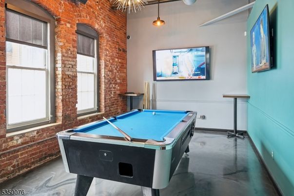 Billiard Table, Game Room, Interior, Pendant Lights, Stone Walls