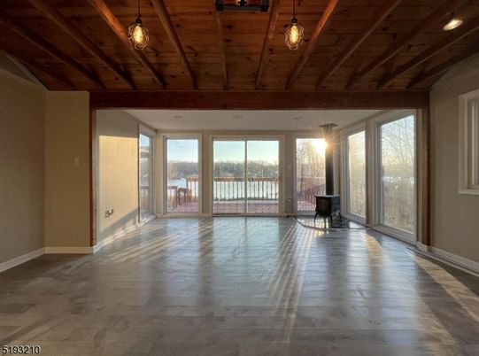Empty room, Interior, Pendant Lights, Wooden Beams, Wooden Ceilings, Wood Texture Flooring
