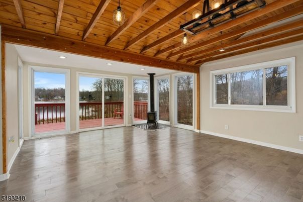 Empty room, Interior, Pendant Lights, Recessed Lighting, Wooden Beams, Wooden Ceilings, Wood Texture Flooring