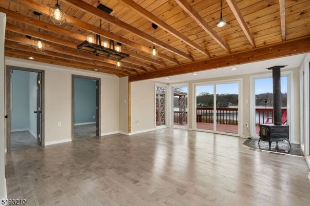Empty room, Interior, Pendant Lights, Recessed Lighting, Wooden Beams, Wooden Ceilings, Wood Texture Flooring