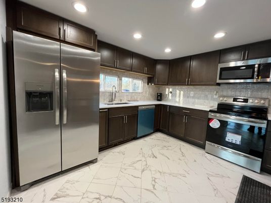 Interior, Kitchen, Marble, Recessed Lighting, Stainless Steel Appliances