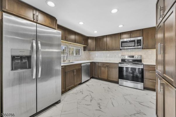 Interior, Kitchen, Marble, Recessed Lighting, Stainless Steel Appliances