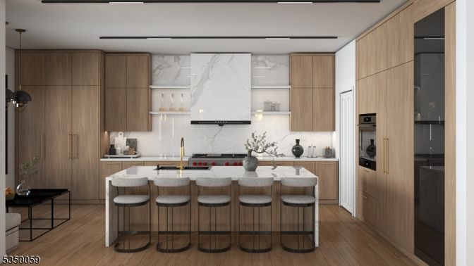 Interior, Kitchen, Marble Walls, Pendant Lights, Wood Texture Flooring
