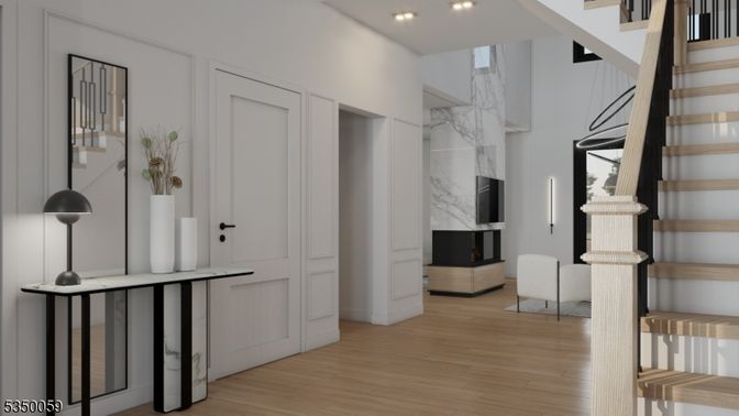 Fireplace, Interior, Marble Walls, Recessed Lighting, Wood Texture Flooring