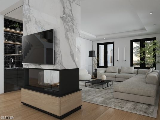 Interior, Living room, Marble Walls, Recessed Lighting, Wood Texture Flooring