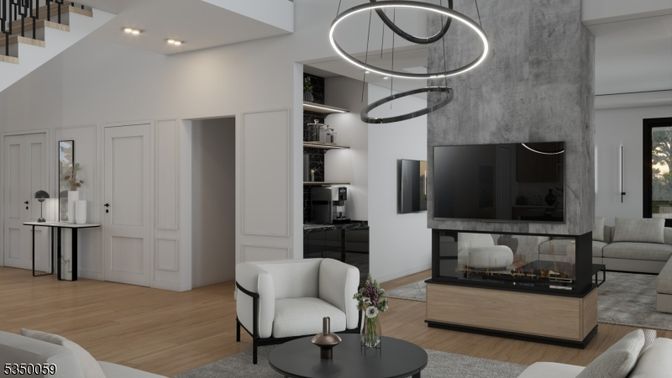 Fireplace, Interior, Living room, Pendant Lights, Recessed Lighting, Wood Texture Flooring