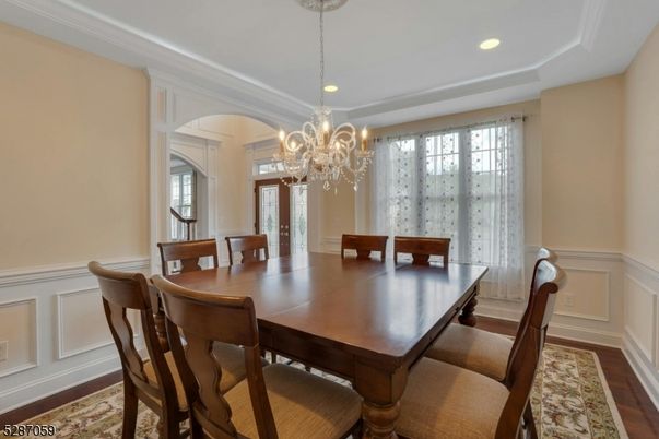 Chandelier, Dining room, Interior, Recessed Lighting, Wood Texture Flooring