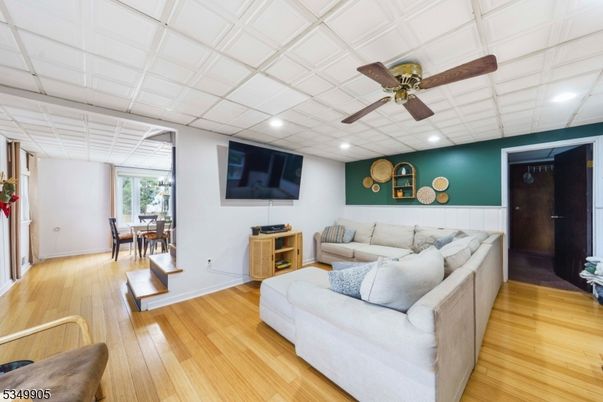 Dining room, Interior, Living room, Recessed Lighting, Wood Texture Flooring