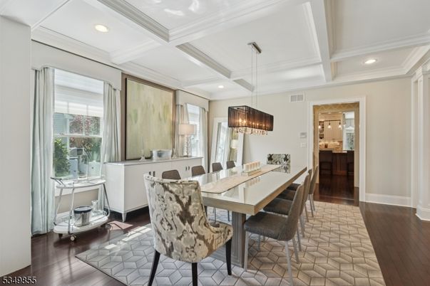 Chandelier, Dining room, Interior, Recessed Lighting, Wood Texture Flooring