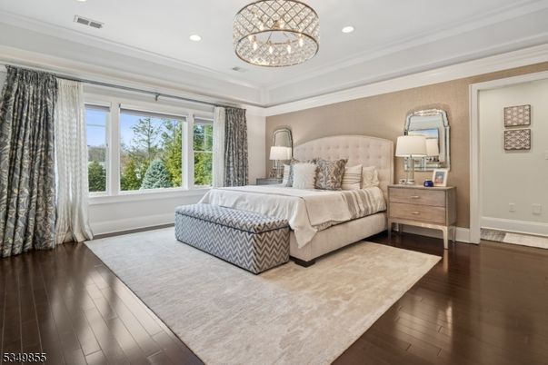 Bedroom, Chandelier, Interior, Recessed Lighting, Wood Texture Flooring
