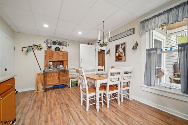 Dining room, Interior, Pendant Lights, Recessed Lighting, Wood Texture Flooring