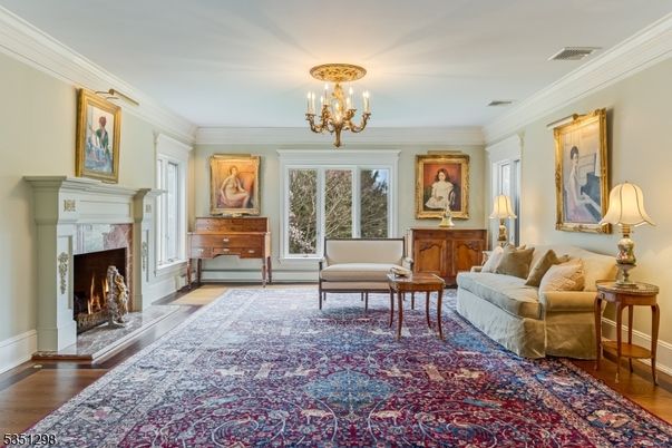 Chandelier, Fireplace, Interior, Wood Texture Flooring