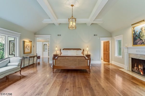 Bedroom, Fireplace, Interior, Pendant Lights, Wood Texture Flooring