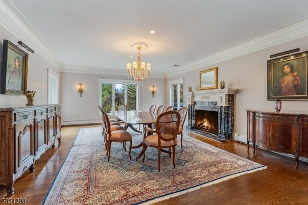Chandelier, Dining room, Fireplace, Interior, Recessed Lighting, Wood Texture Flooring