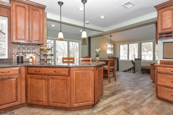 Dining room, Interior, Kitchen, Pendant Lights, Recessed Lighting, Wood Texture Flooring