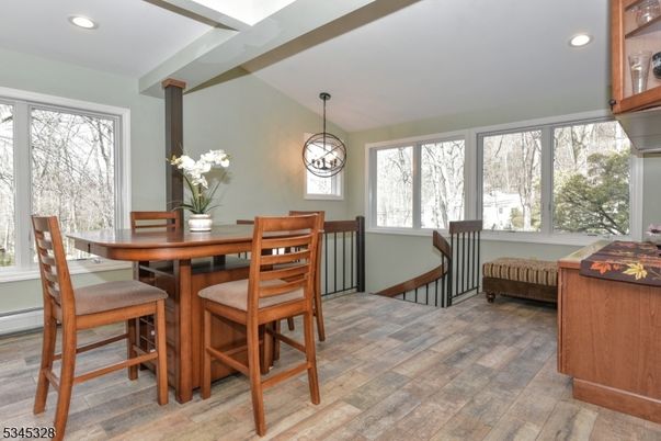 Dining room, Interior, Pendant Lights, Recessed Lighting, Wood Texture Flooring