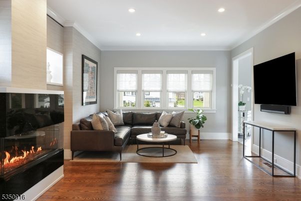 Fireplace, Interior, Living room, Recessed Lighting, Wood Texture Flooring