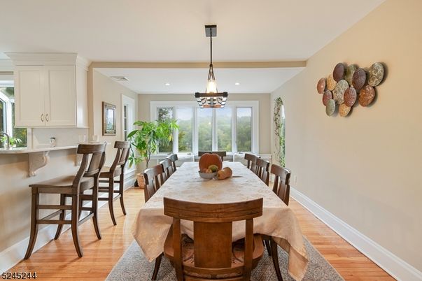 Dining room, Interior, Pendant Lights, Recessed Lighting, Wood Texture Flooring