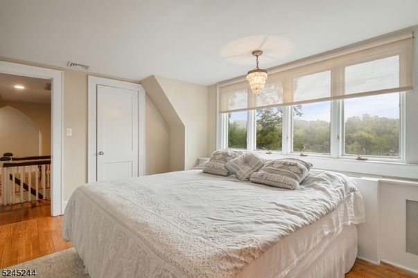 Bedroom, Chandelier, Interior, Recessed Lighting, Wood Texture Flooring