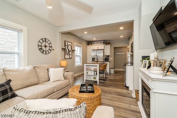 Interior, Kitchen, Living room, Recessed Lighting, Stainless Steel Appliances, Wood Texture Flooring