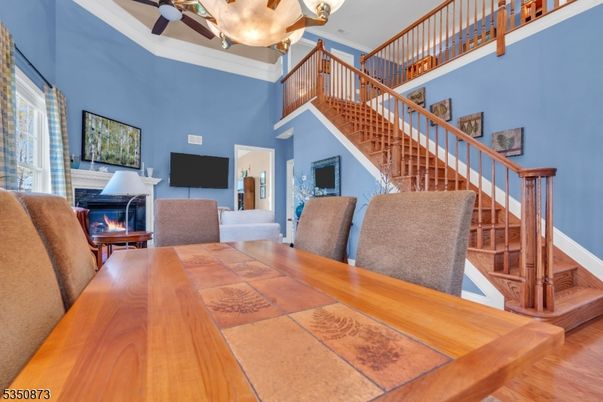 Dining room, Fireplace, Interior, Wood Texture Flooring