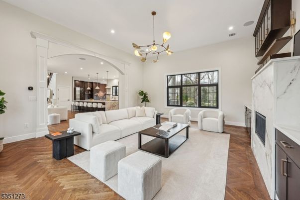 Fireplace, Interior, Kitchen, Living room, Pendant Lights, Recessed Lighting, Wood Texture Flooring