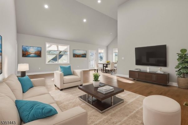 Dining room, Interior, Living room, Recessed Lighting, Wood Texture Flooring