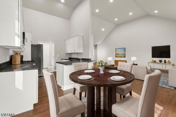 Dining room, Interior, Kitchen, Living room, Recessed Lighting, Wood Texture Flooring