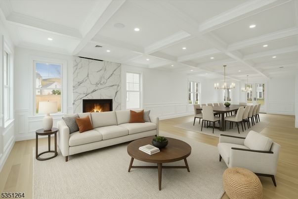 Chandelier, Dining room, Fireplace, Interior, Living room, Pendant Lights, Recessed Lighting, Wood Texture Flooring