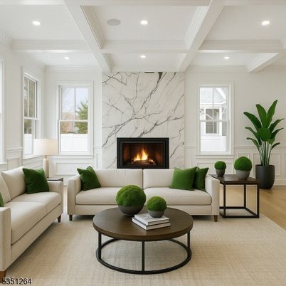 Fireplace, Interior, Living room, Marble Walls, Recessed Lighting, Wood Texture Flooring