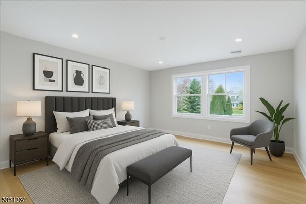 Bedroom, Interior, Recessed Lighting, Wood Texture Flooring