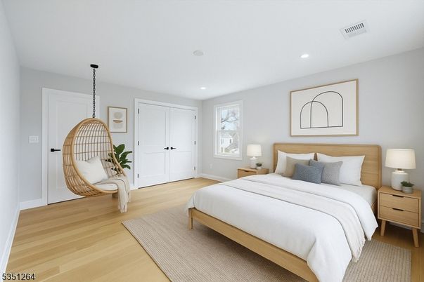Bedroom, Interior, Pendant Lights, Recessed Lighting, Wood Texture Flooring