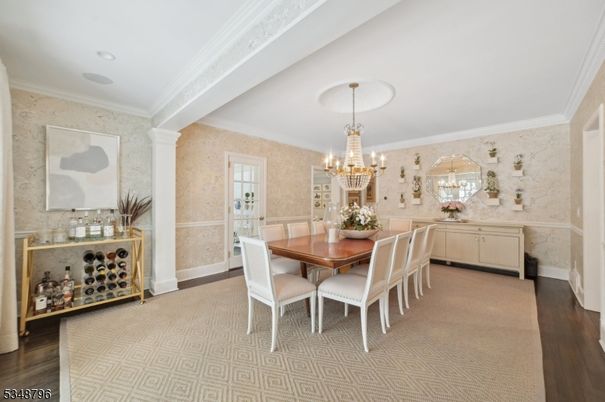 Chandelier, Dining room, Interior, Wood Texture Flooring