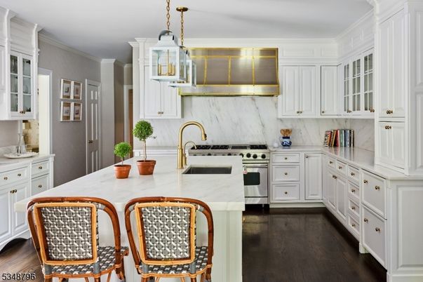 Interior, Kitchen, Marble Walls, Pendant Lights, Stainless Steel Appliances, Wood Texture Flooring