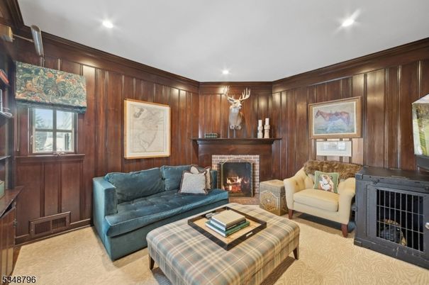 Fireplace, Interior, Living room, Recessed Lighting, Wooden Walls